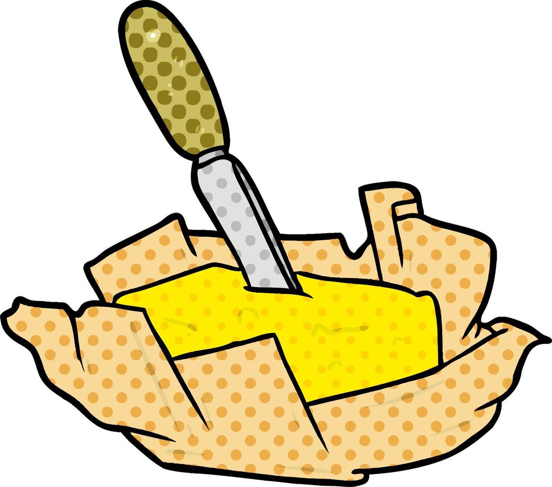 Cartoon traditionelles Stück Butter mit Messer vektor