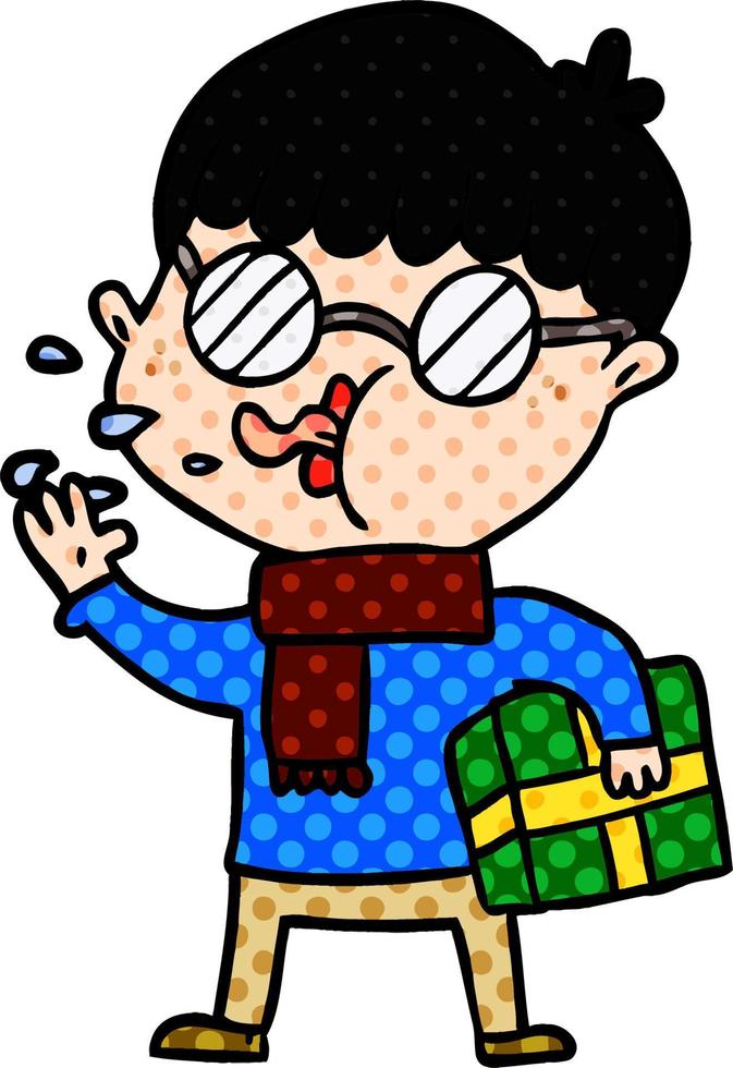tecknad serie pojke bär glasögon med jul gåva vektor