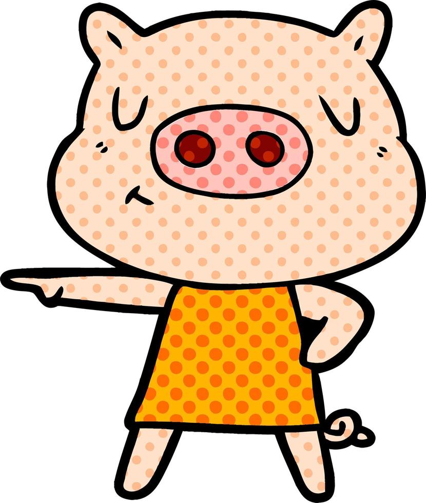 tecknad serie innehåll gris i klänning pekande vektor