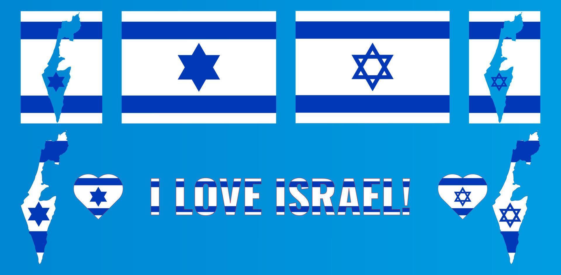 satz von vektorillustrationen mit israel-flagge, landesübersichtskarte und herz. reisekonzept. vektor