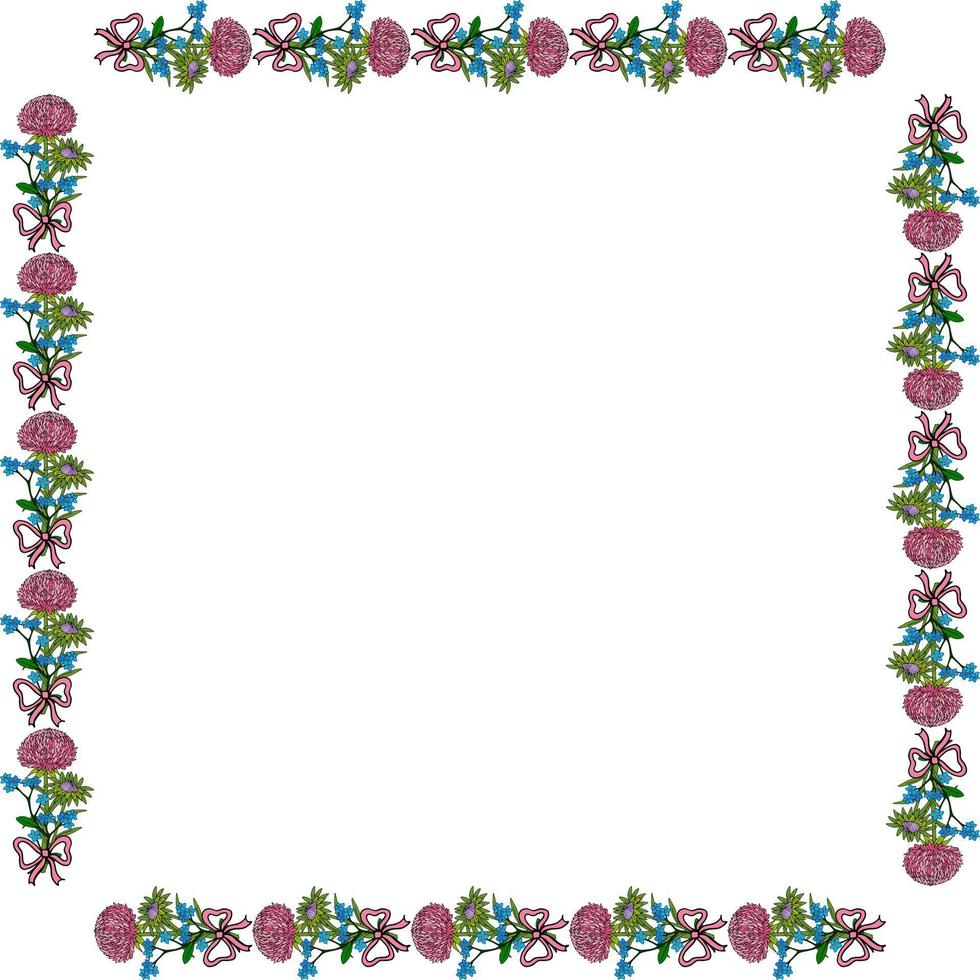 quadratischer rahmen mit asterblumen, vergissmeinnicht und rosa band auf weißem hintergrund. Vektorbild. vektor