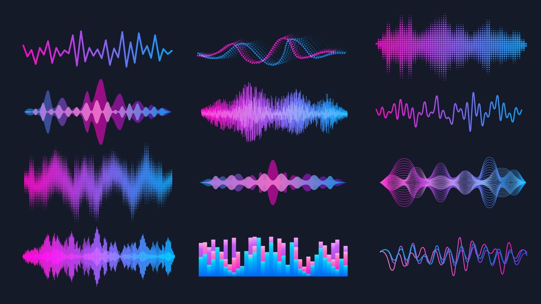 schallwellensatz, musikwellen-hud-schnittstellenelemente, frequenzaudiowellenform, sprachdiagrammsignal. Vektor Audio elektronische Farbwelle