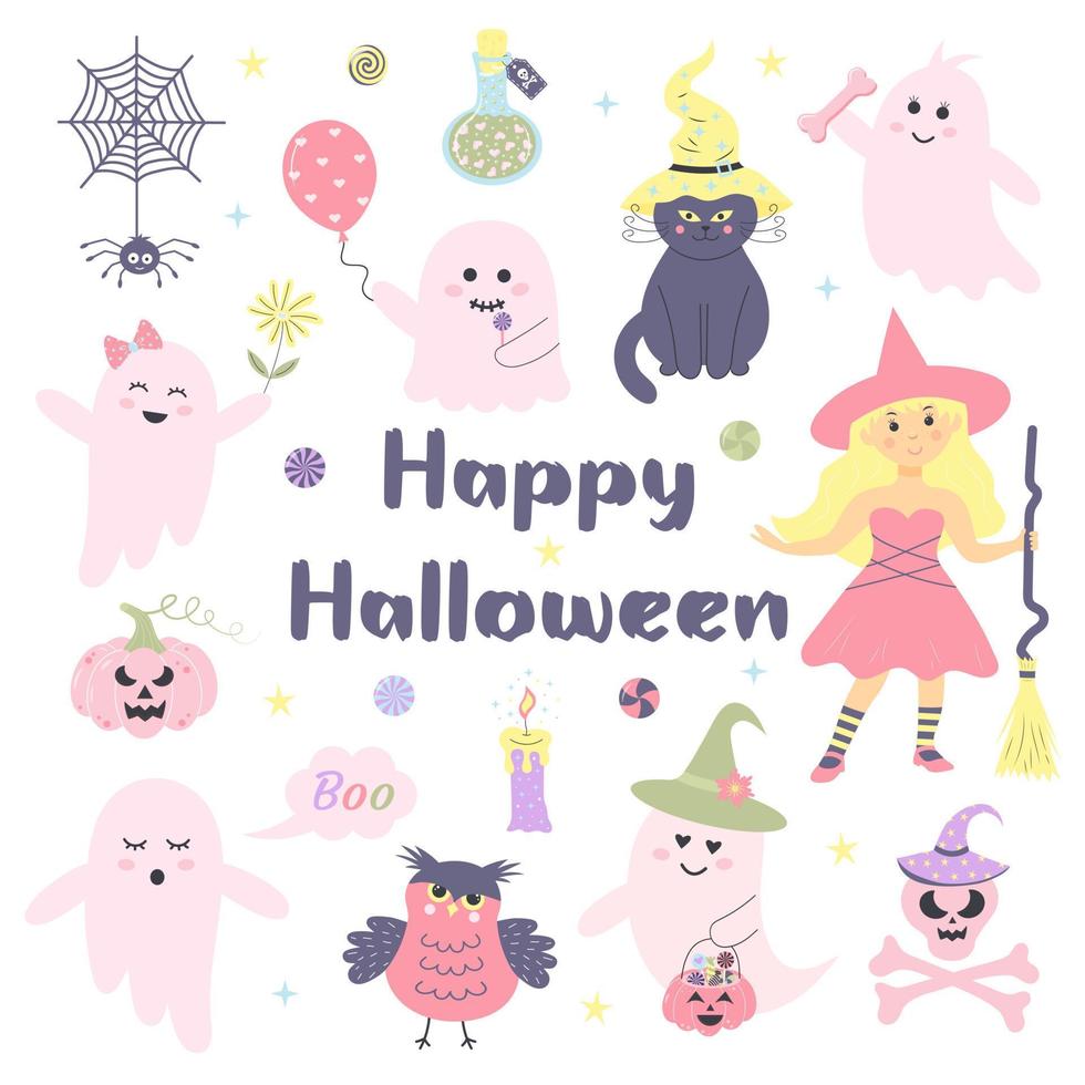 söt rosa pastell halloween uppsättning. hand dragen magi tecken för ungar. liten rosa spöken, Söt häxa, katt, Uggla, skalle, läskigt pumpa, Spindel och Övrig. vektor