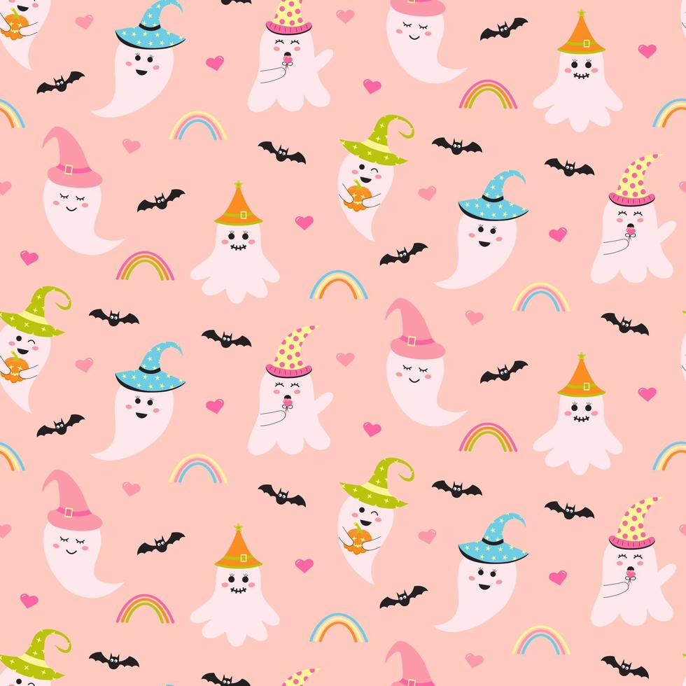 nahtloses muster mit niedlichem rosa halloween-geist, fledermäusen, regenbögen und herzen. gruselige Baby-Boo-Charaktere drucken für Textilien und Verpackungen. vektor