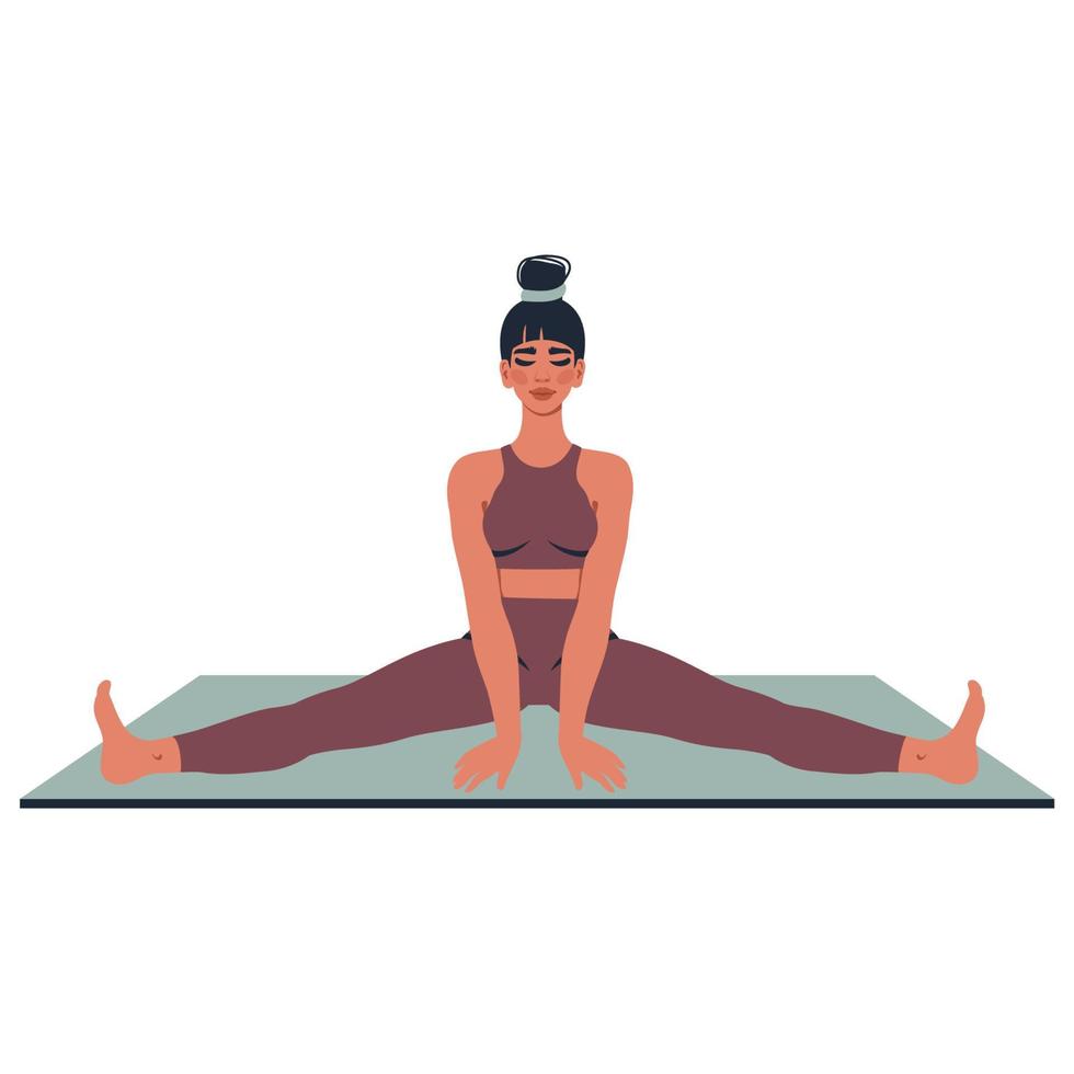 ung kvinna gör yoga, stretching på yoga matta. skön flicka i sportkläder arbetssätt på kondition, sträcker sig. vektor platt illustration för pilates, webb, app, friska livsstil, uppkopplad Träning