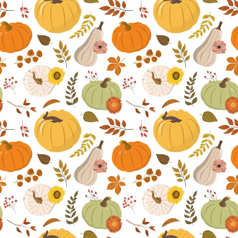 Herbstblumennahtloser Hintergrund mit orange, beige und gelben Kürbissen, Waldblättern und roten Beeren. isoliert auf weißem Hintergrund. Abbildung der Herbsternte. Thanksgiving-Tapete. vektor