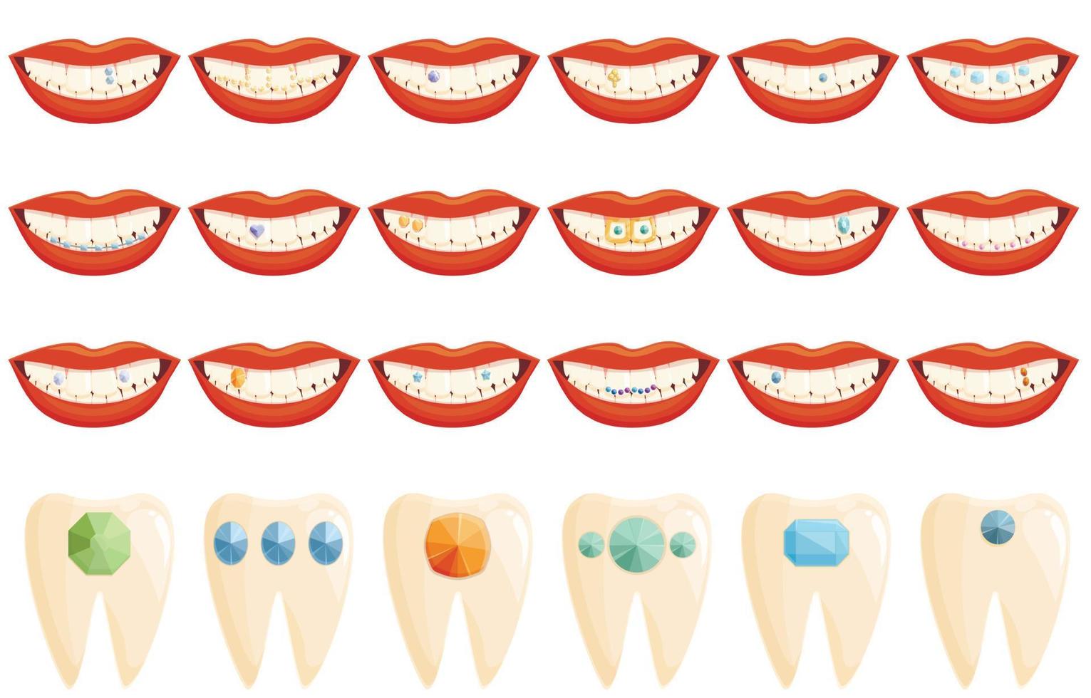 Zahnedelsteine Symbole setzen Cartoon-Vektor. Zahnpflege vektor