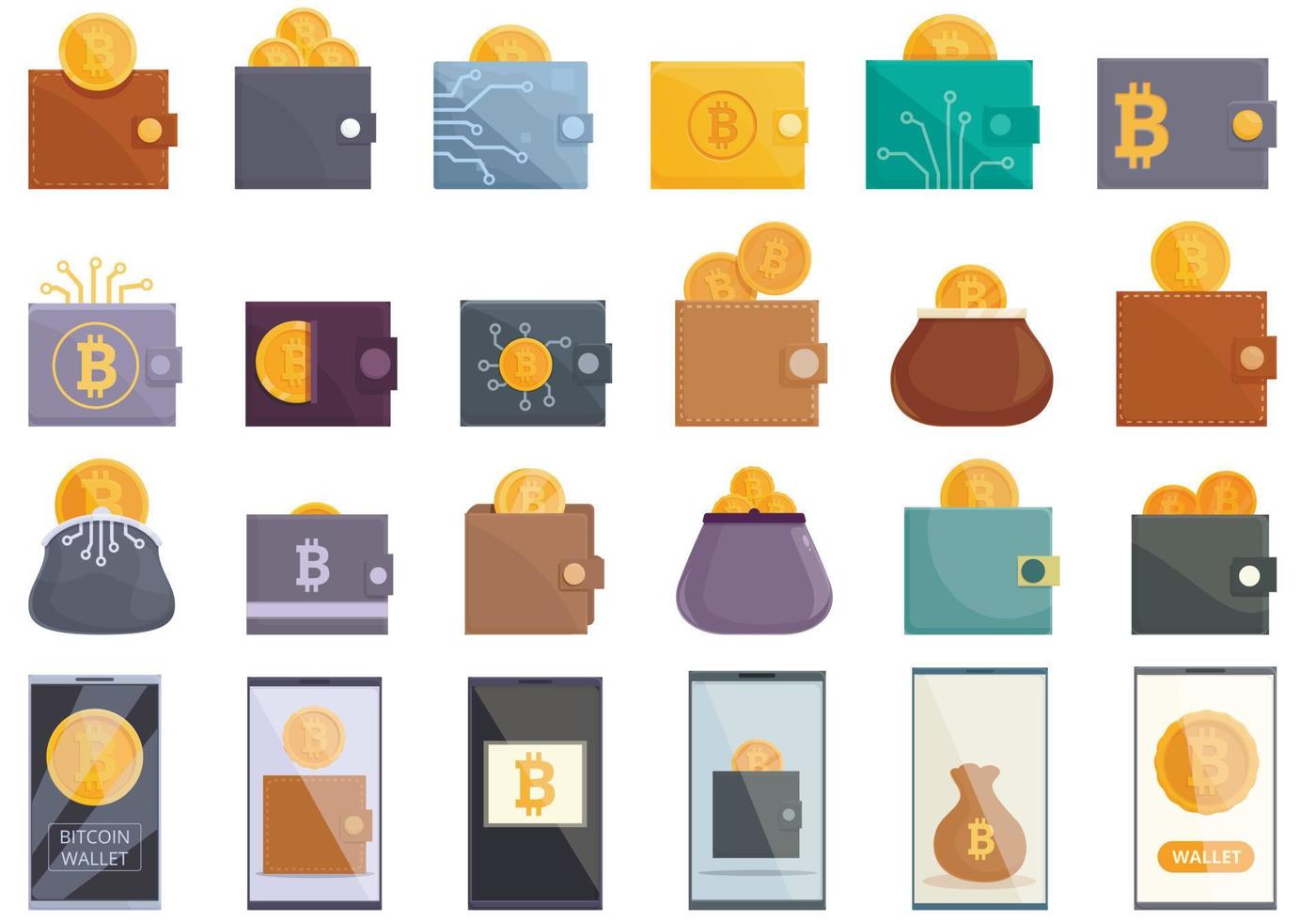 Bitcoin-Wallet-Icons setzen Cartoon-Vektor. Geldbeutel vektor