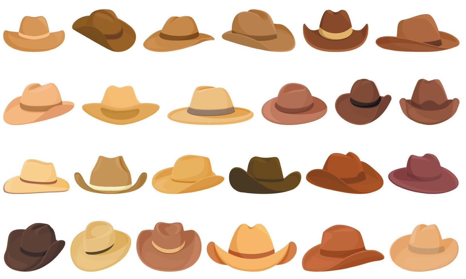 cowboy hatt ikoner uppsättning tecknad serie vektor. mode läder vektor
