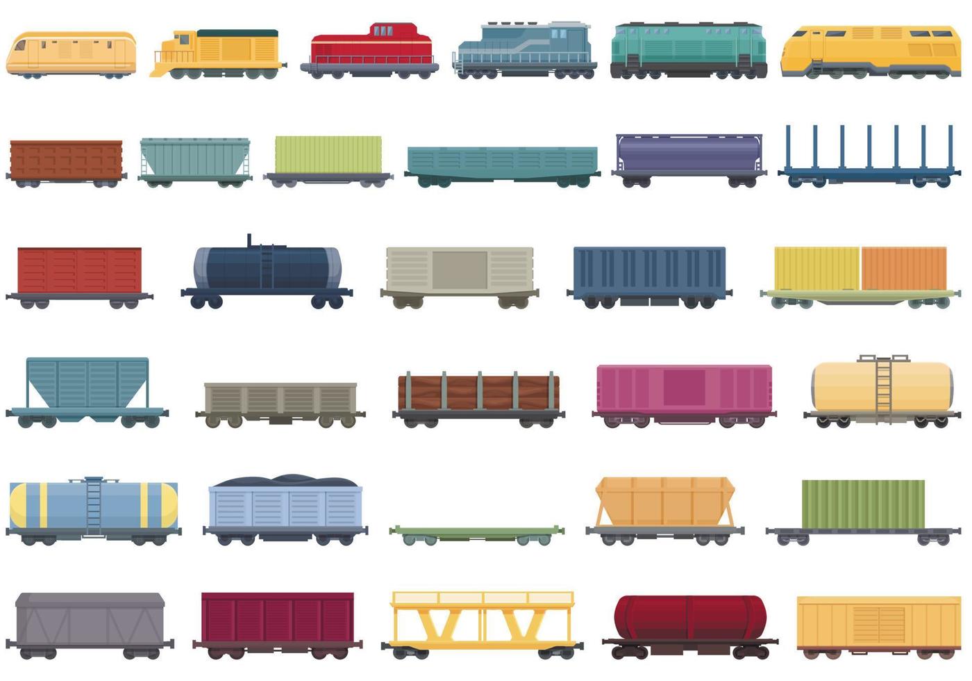 tåg frakt godsvagnar ikoner uppsättning tecknad serie vektor. diesel lokomotiv vektor