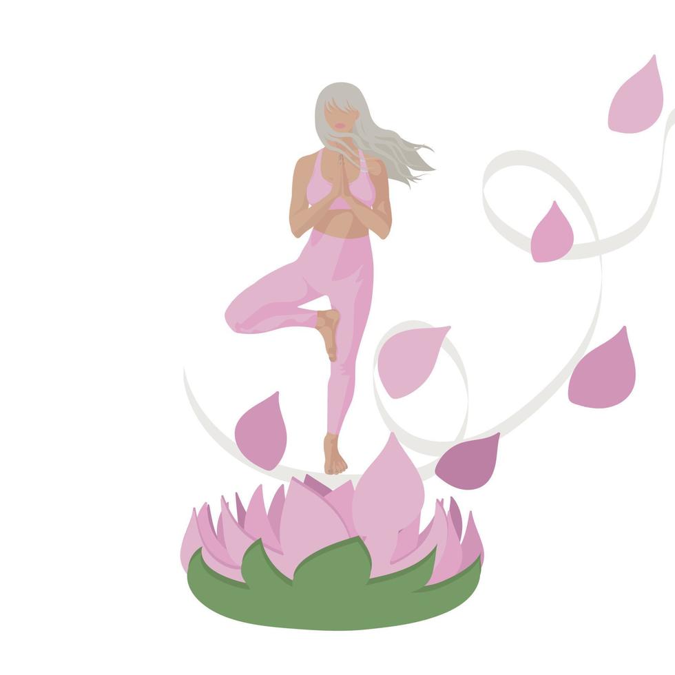 Poster, Mädchen beim Yoga, Yoga, hellhäutig, blond, weißer Hintergrund. rosa Blumen, Wind. Vektor-Illustration vektor