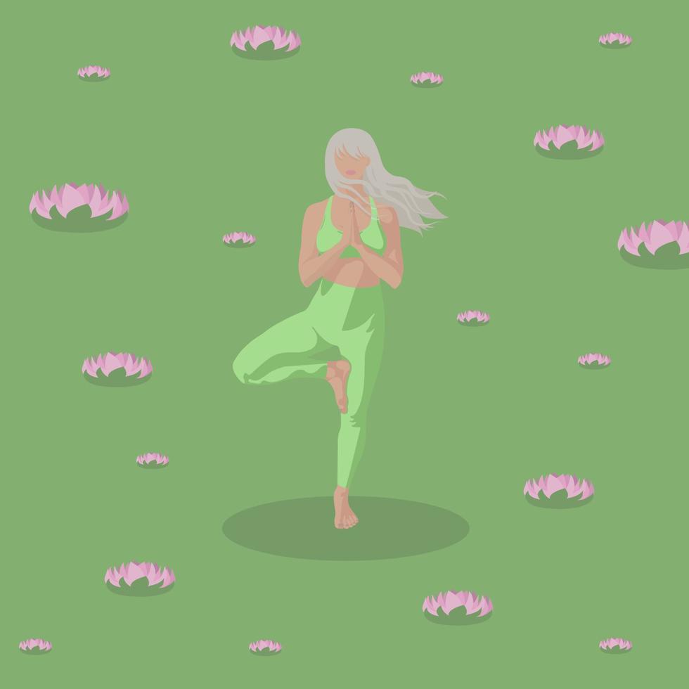 affisch, flicka håller på med yoga, yoga, ljus hyad, blond, ljus grön bakgrund. rosa blommor, vind. vektor illustration