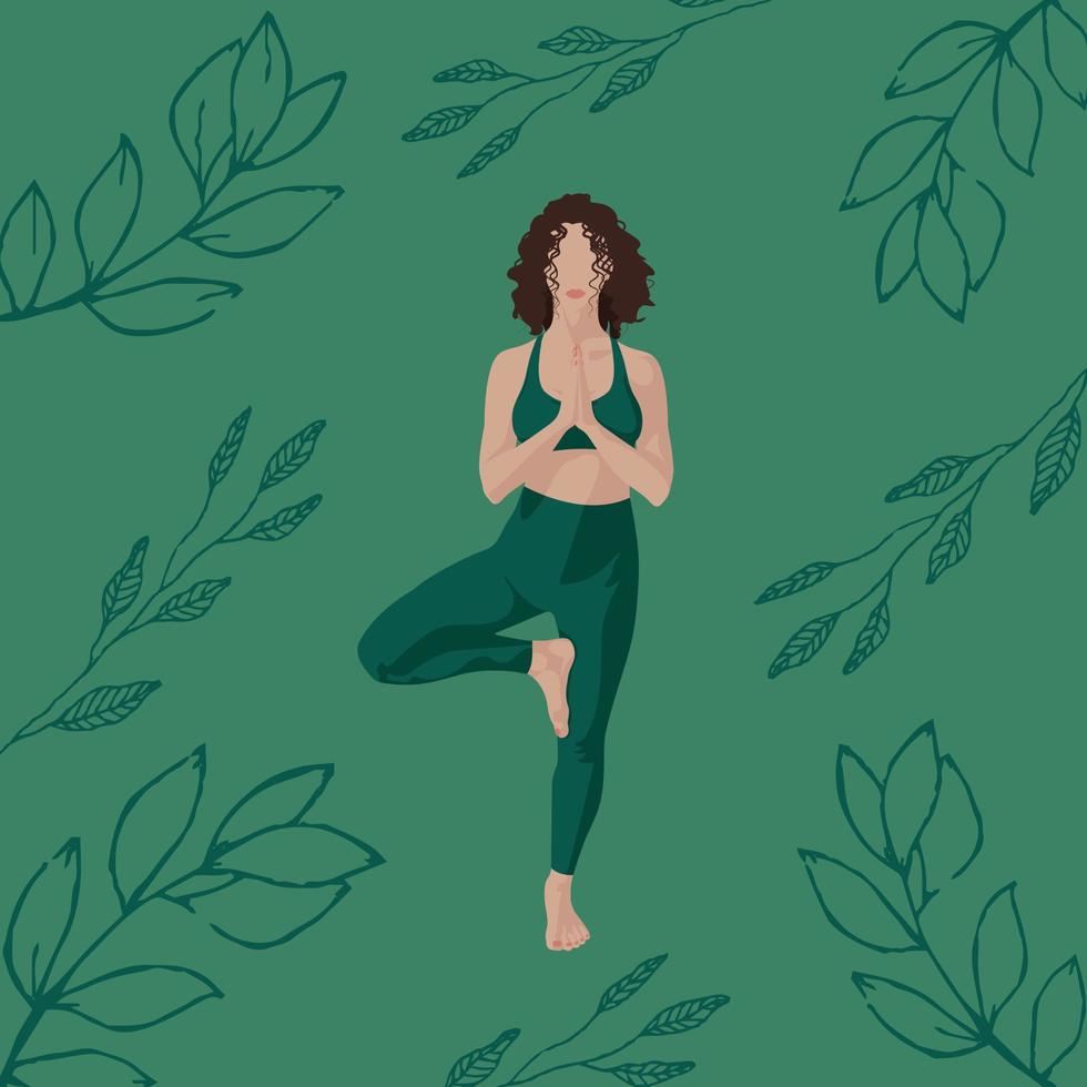 affisch, de flicka är engagerad i yoga, yoga, ljushyad, mörk grön bakgrund, kvistar av löv. vektor illustration
