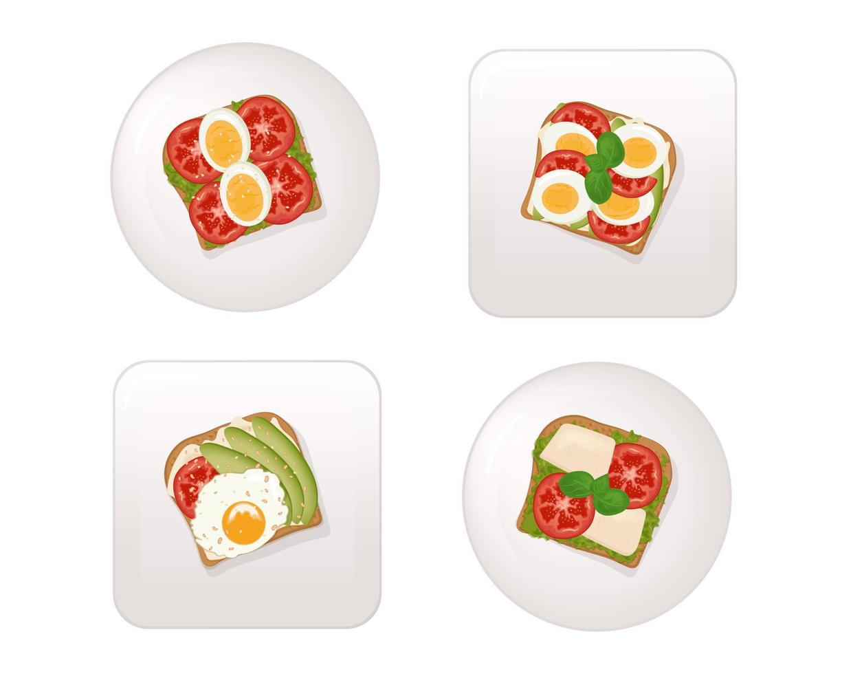 Reihe von Sandwiches. Frühstück, Sandwich mit Ei, Käse, Avocado, Gurken, Tomaten und Basilikum auf einem Teller vektor