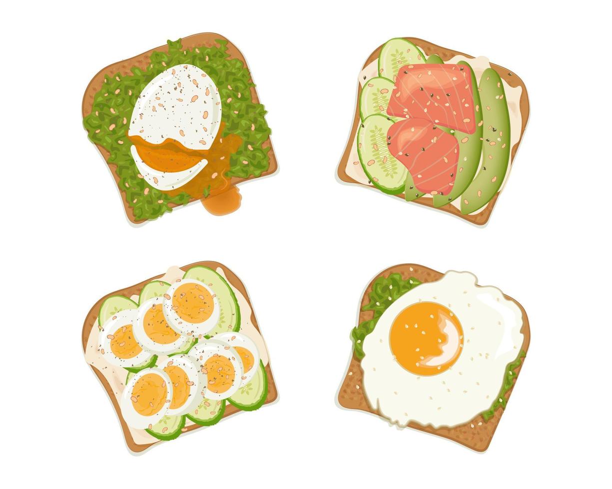uppsättning av smörgåsar. frukost, smörgås med ägg, avokado, gurkor och röd fisk vektor