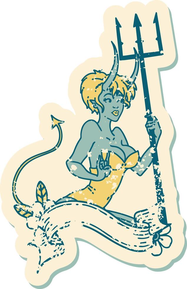 Distressed Sticker Tattoo Stil Ikone eines Pinup-Teufelsmädchens mit Banner vektor