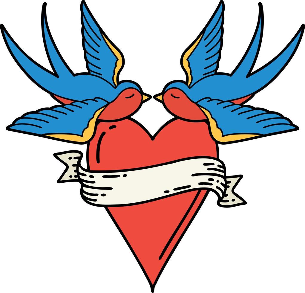 Traditionelle Tätowierung einer Schwalbe und eines Herzens mit Banner vektor