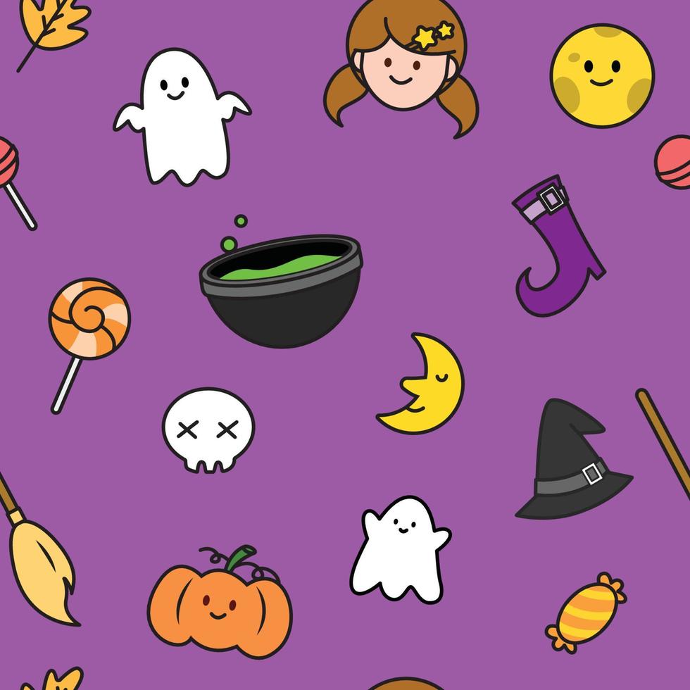 halloween cartoon nahtlose muster hintergrund. süßer Charakter. element aus geist, schädel, süßigkeiten, kürbis und mond. Vektor-Illustration vektor