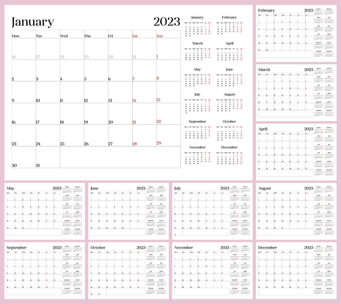 monatliche Kalendervorlage für das Jahr 2023. Woche beginnt am Montag. Englische Sprache. Wandkalender im minimalistischen Stil. vektor