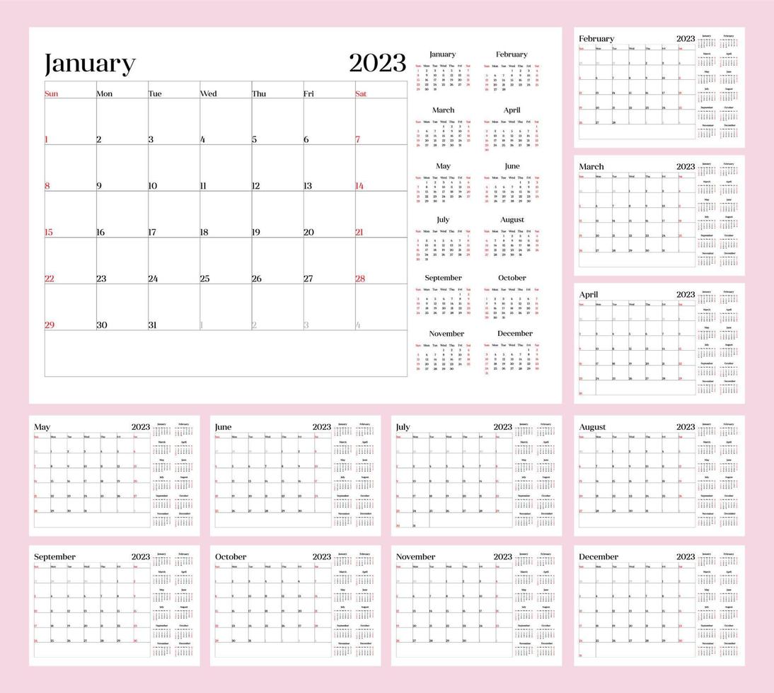 monatliche Kalendervorlage für das Jahr 2023. Woche beginnt am Sonntag. Wandkalender im minimalistischen Stil. vektor