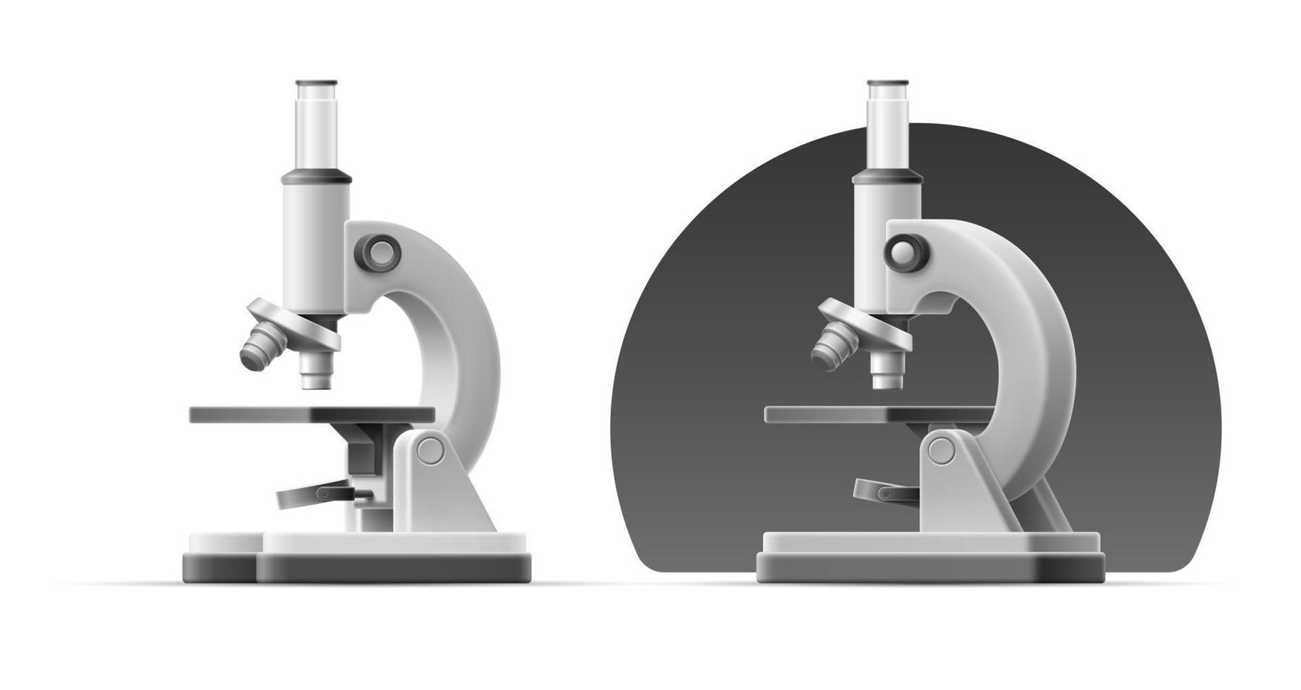 3d illustration av annorlunda sidor av grå mikroskop på ett isolerat bakgrund. tecknad serie vektor mall. kemisk laboratorium forskning. medicinsk Utrustning. utbildning teknologi begrepp