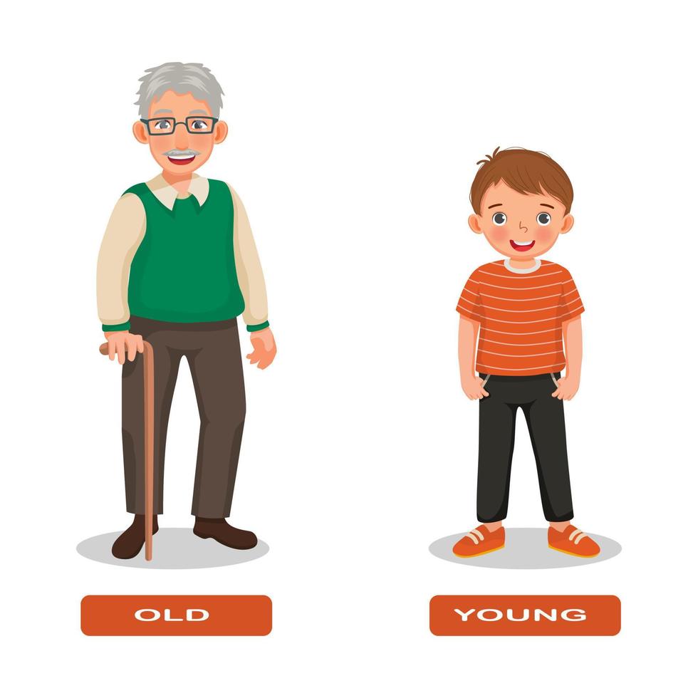 motsatt adjektiv antonym ord gammal och ung illustration av morfar med liten pojke förklaring Flash-kort med text märka vektor