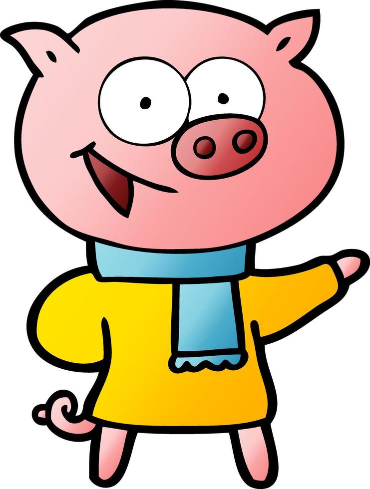 Fröhliches Schwein mit Winterkleidung Cartoon vektor