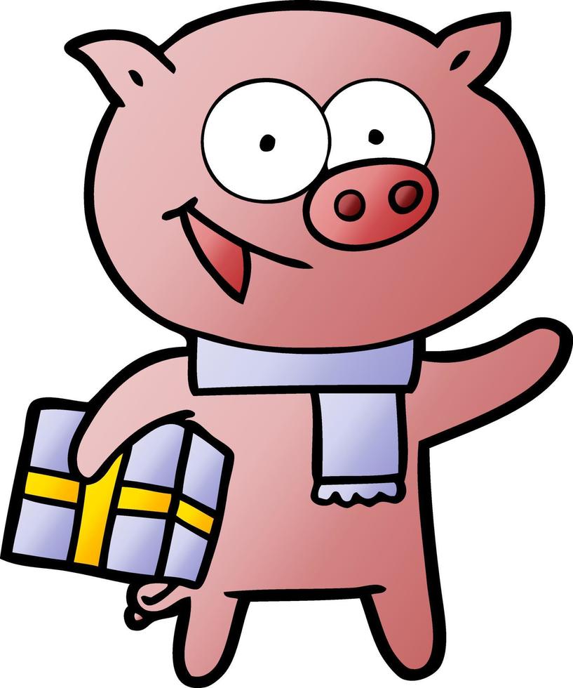 fröhliches schwein mit weihnachtsgeschenk vektor