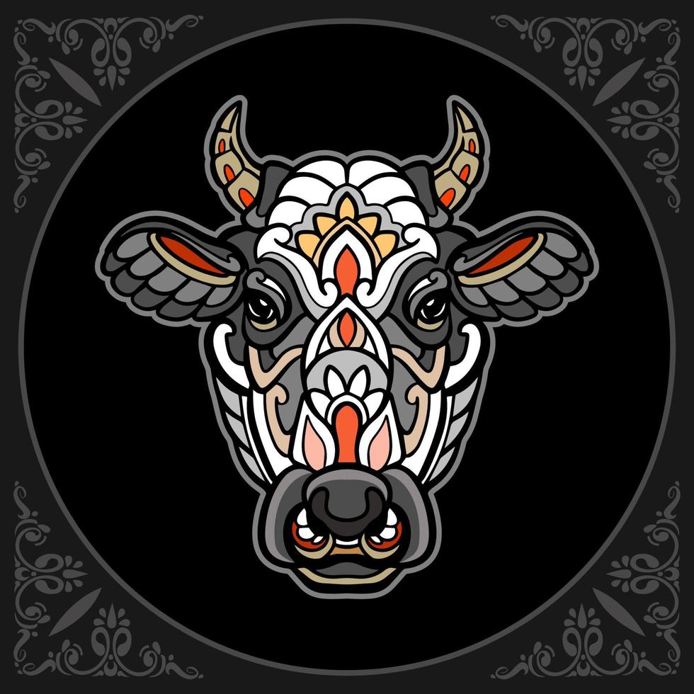 bunte Kuh-Mandala-Kunst isoliert auf schwarzem Hintergrund vektor