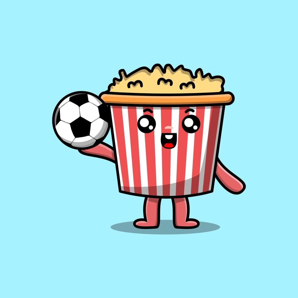 söt tecknad serie popcorn karaktär spelar fotboll vektor