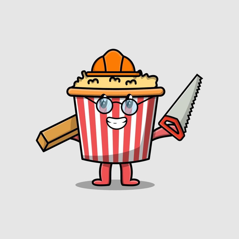 Cartoon-Popcorn als Tischler mit Säge und Holz vektor