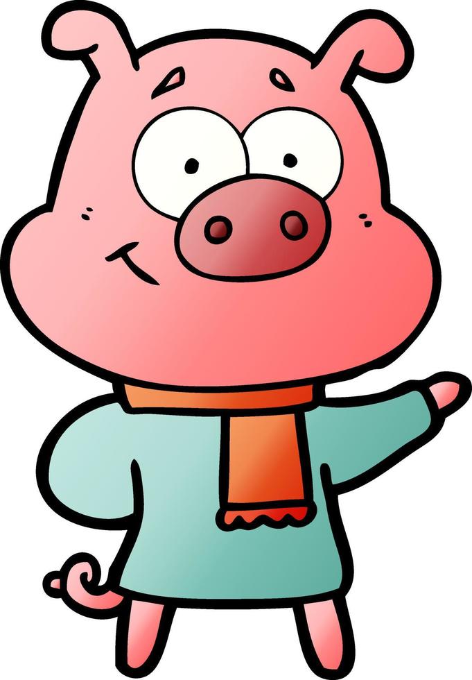 Lycklig tecknad serie gris bär värma kläder vektor