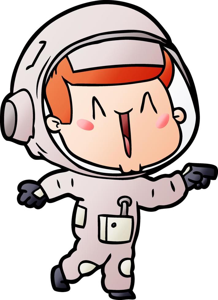 Lycklig tecknad serie astronaut pekande vektor