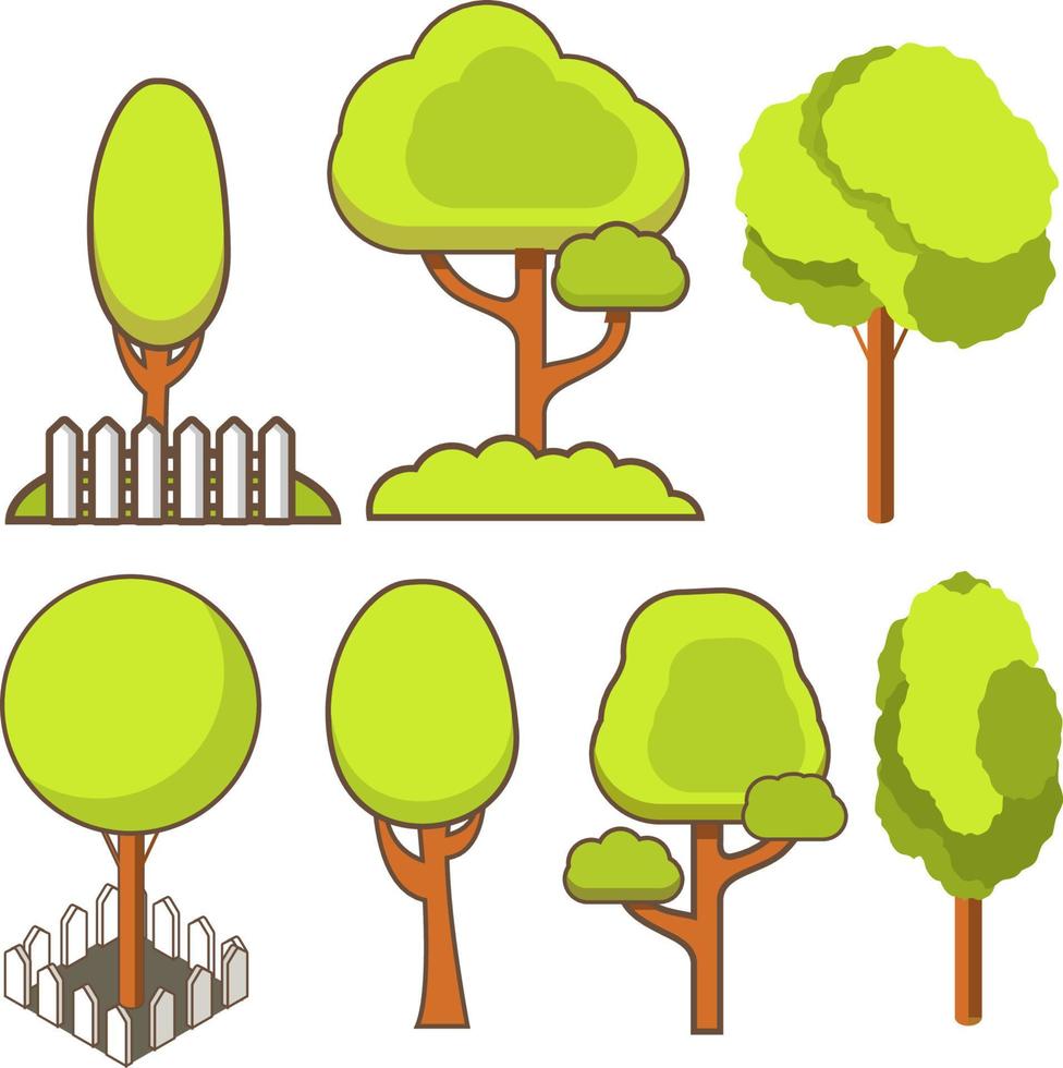 bäume isometrisch und büsche weißer zaun. isometrische flache linie kunstvektor. waldelemente eines details des parks, des gartens, der landschaft. karikatursommer- oder frühlingsgrünpflanzen. zaun aus brettern vektor