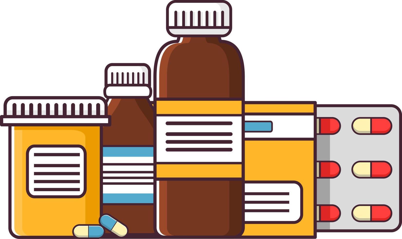 medicin läkemedel piller och flaskor.blåsor av tabletter och kapslar.burkar glas och plast med botemedel. platt linje konst vektor. sjukhus sjukvård och pharmacy.pharmaceutical förberedelser, vitaminer. vektor