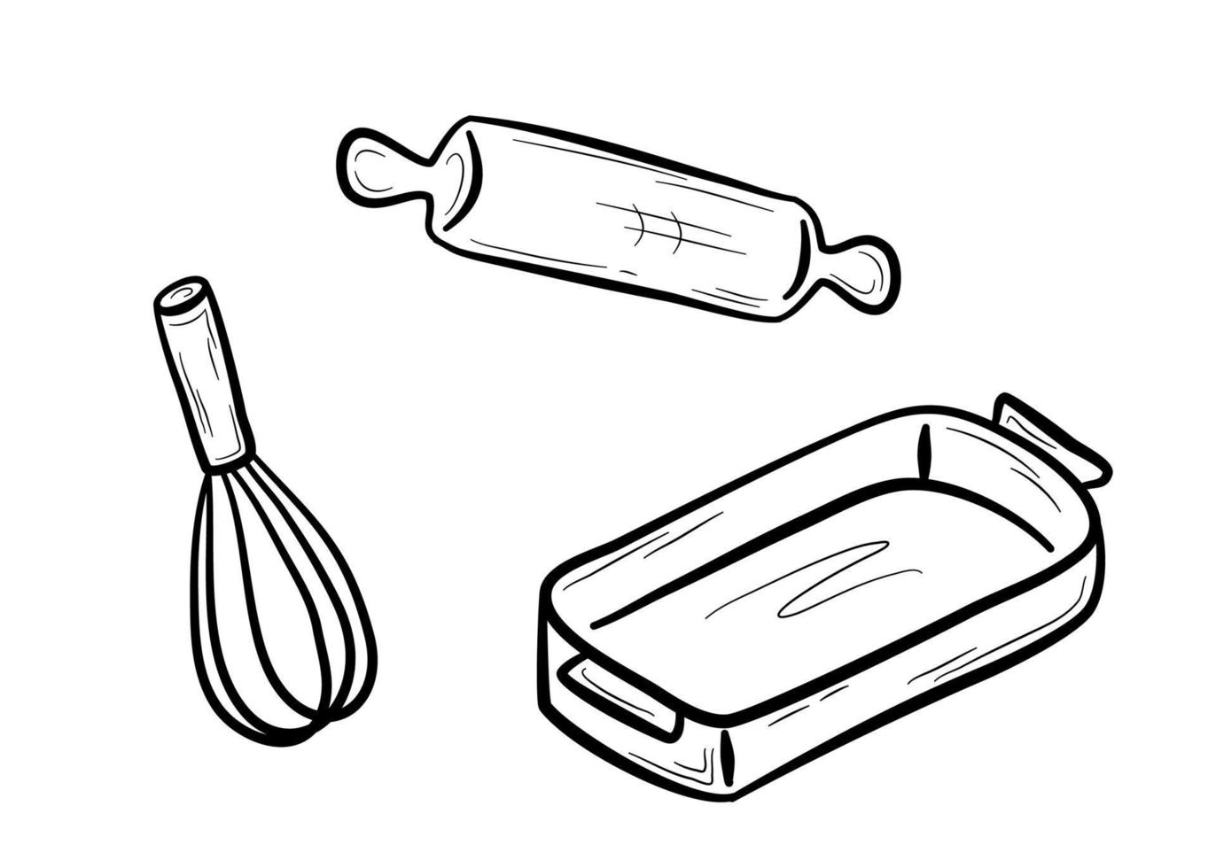 Handgezeichneter Schneebesen, Nudelholz und Backblech. Geschirr, Küchenutensilien zum Backen. flache vektorillustration im gekritzelstil. vektor