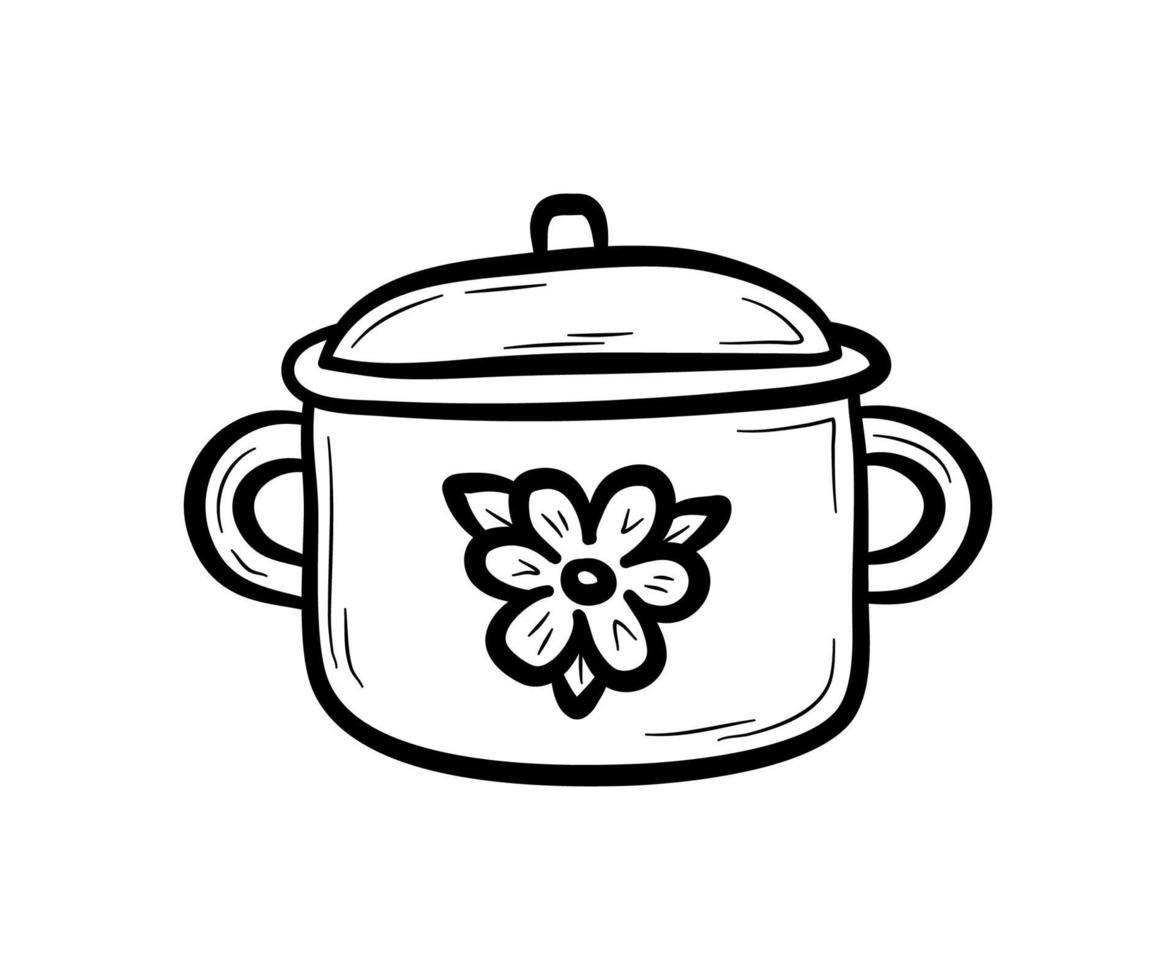 hand dragen matlagning pott med blomma skriva ut. servis, kök redskap för kokande. platt vektor illustration i klotter stil.