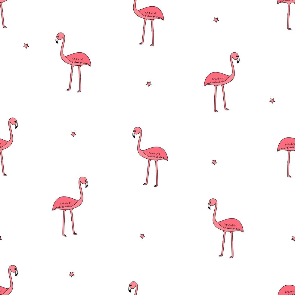 nahtloses muster flamingo kawaii, niedlicher karikaturvogel. Hintergrund, Tapete zum Bedrucken von Bekleidungsverpackungen vektor