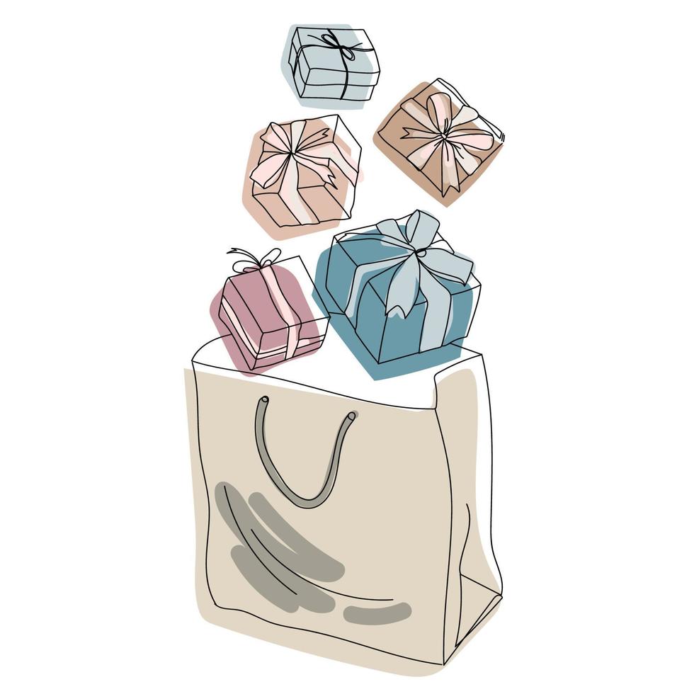 gåva lådor med bågar flyga och falla in i en papper handla väska vektor hand teckning illustration isolerat på vit bakgrund.shopping väska med gåva lådor