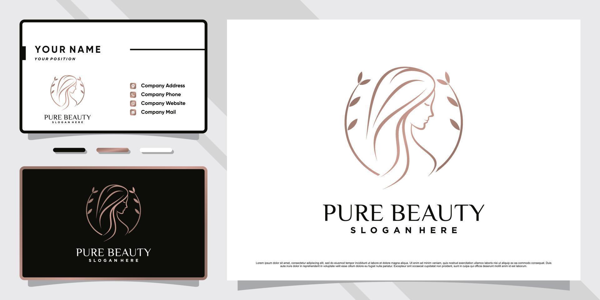 Pure Beauty-Logo-Design für Salon- oder Spa-Symbol mit Blattelement und Visitenkartenvorlage vektor