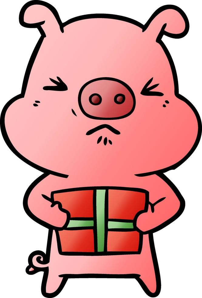 cartoon wütendes schwein mit weihnachtsgeschenk vektor