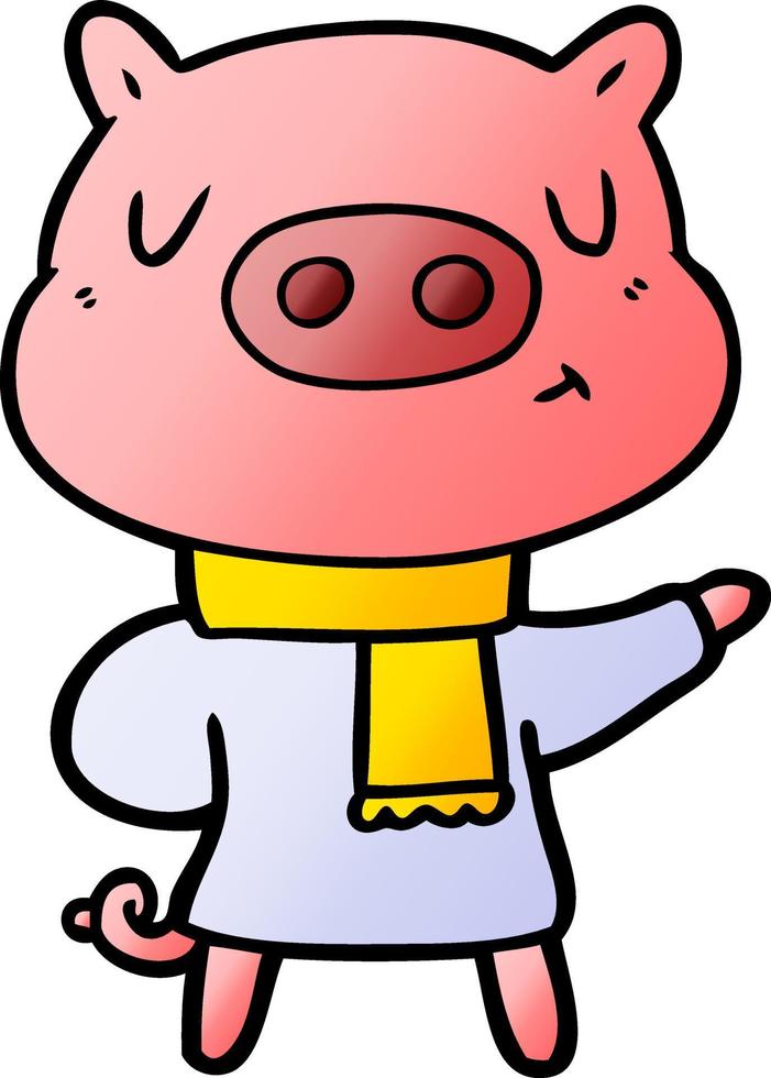 tecknad serie innehåll gris i vinter- klädsel vektor