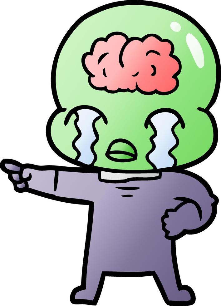 cartoon big brain alien weint und zeigt vektor