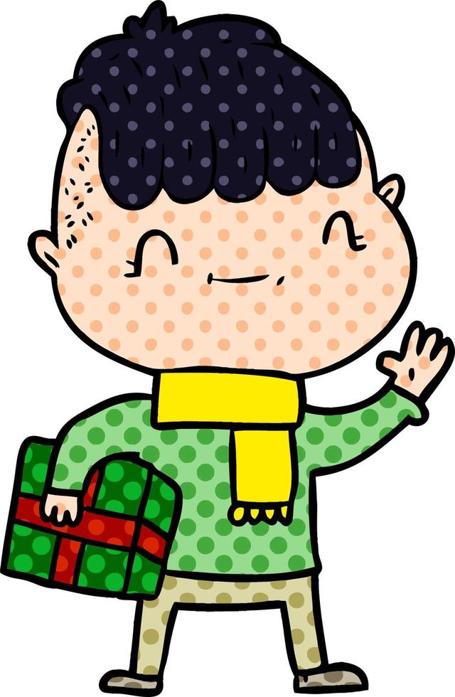 Cartoon freundlicher Junge mit Weihnachtsgeschenk vektor