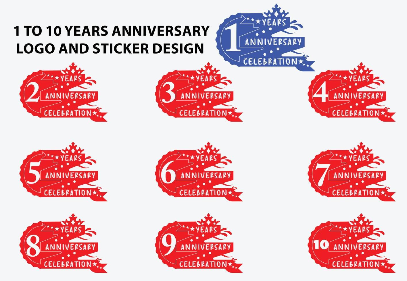 1 till 10 år årsdag logotyp och klistermärke design uppsättningar vektor