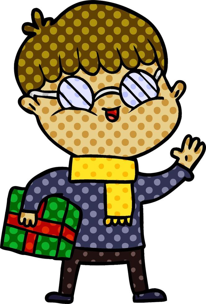 Cartoon-Junge mit Brille mit Geschenk vektor