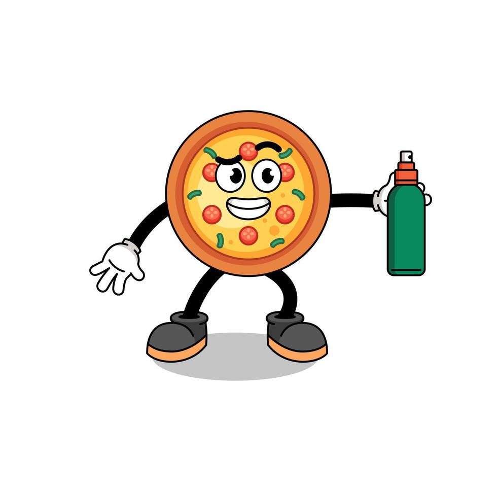 pizza-illustrationskarikatur, die mückenschutzmittel hält vektor