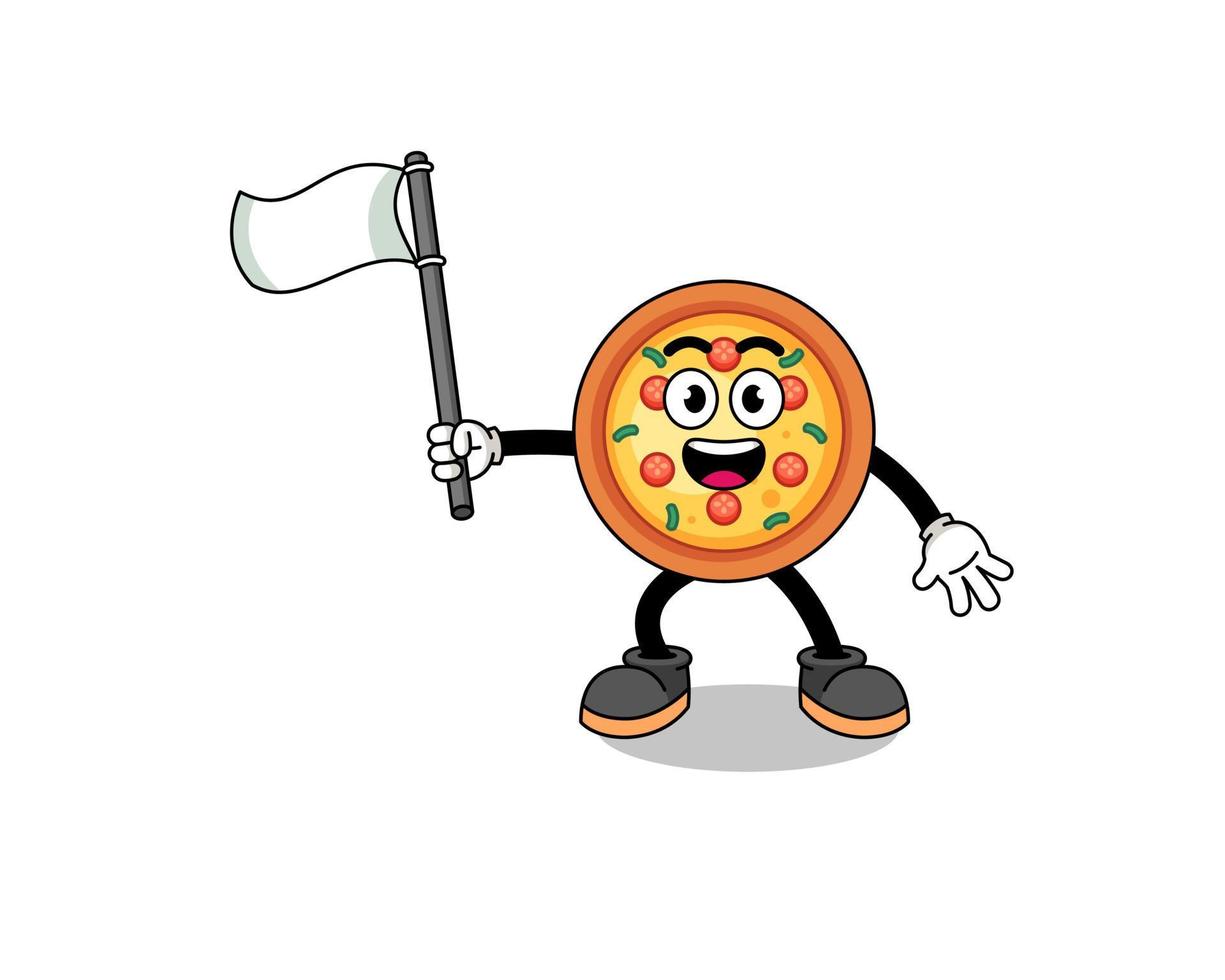 karikaturillustration der pizza, die eine weiße flagge hält vektor