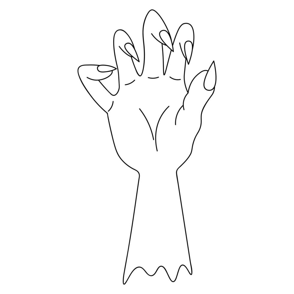 der Handstumpf eines Toten. skizzieren. gebogene Finger mit scharfen Krallen. Vektor-Illustration. Umriss auf einem isolierten weißen Hintergrund. Doodle-Stil. ominöse Zombie-Palme. Halloween-Symbol. vektor