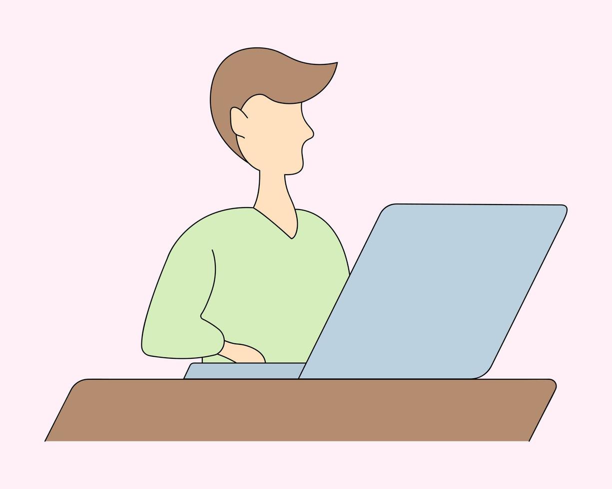 Der Student arbeitet an einem Laptop. Farbvektorillustration. ein junger mann sitzt an einem tisch vor einem aufgeklappten laptop und drückt auf die tasten. Cartoon-Stil. isolierter rosa Hintergrund. vektor